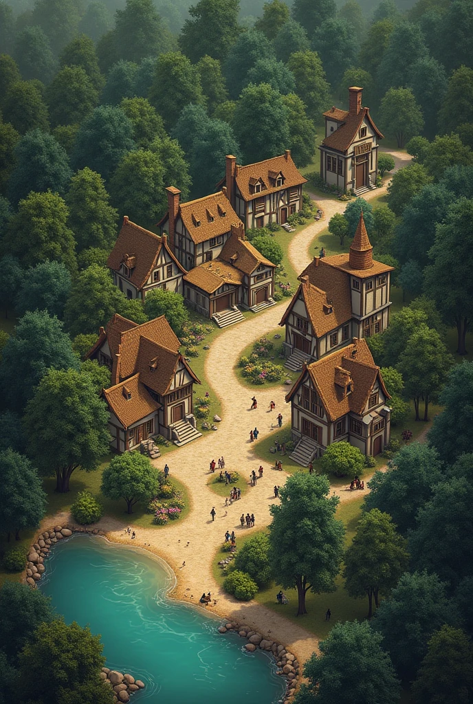 Map of the village in the Demon Forest , You must mark the place where the arms and supplies market is located., school, City Hall, etc., And in the medieval world, there must have been more houses.