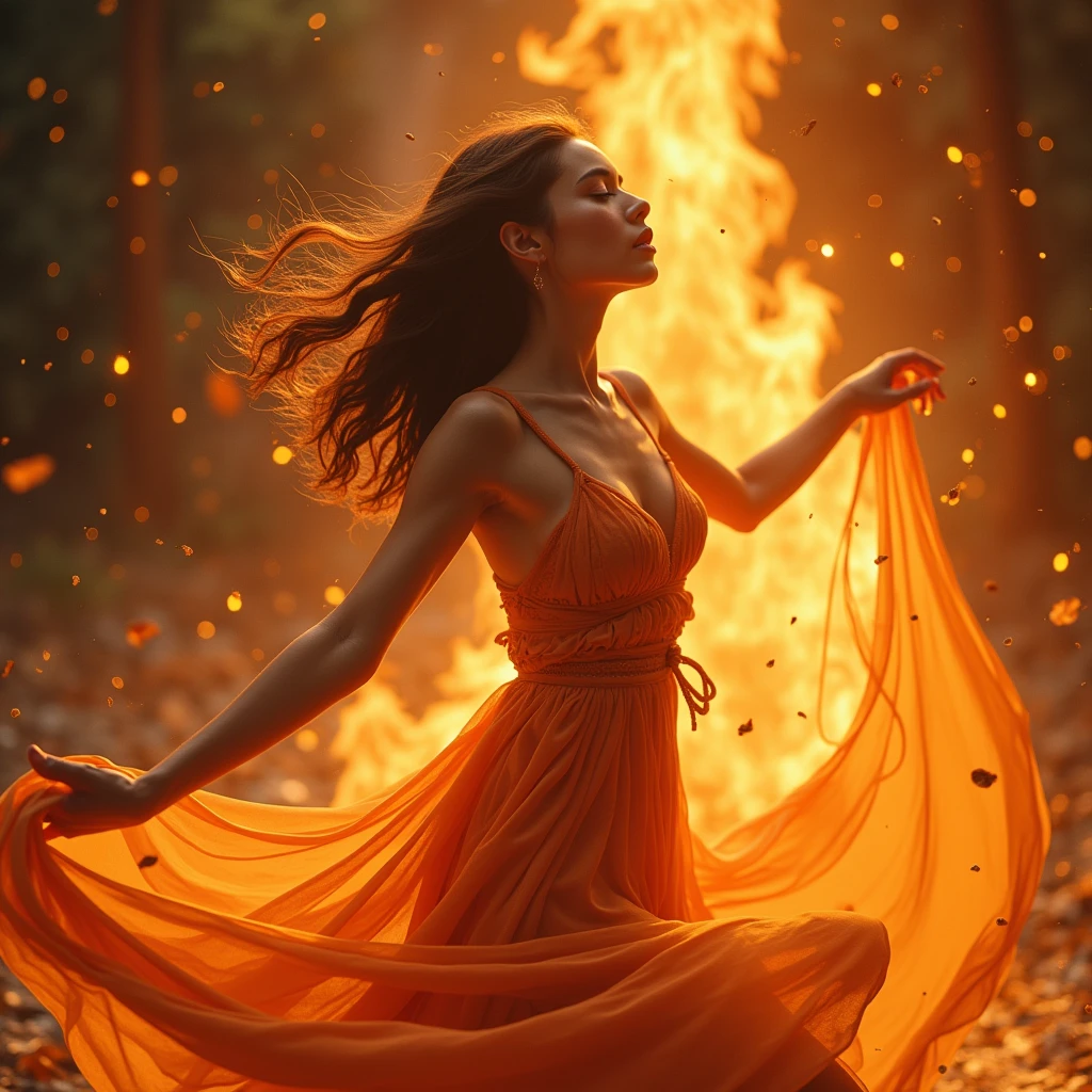 a young woman dancing, playing with fire, flames behind her, fiery passion in her eyes, vibrant colors, dramatic lighting, ethereal and mystical atmosphere, (best quality,4k,8k,high res,masterpiece:1.2),ultra-detailed,(realistic,photorealistic,photo-realistic:1.37),intricate details,cinematic composition,dramatic chiaroscuro lighting,vibrant colors,glowing aura,expressive face,elegant pose,dynamic movement,swirling dress,surreal magical realism,fantasy art style