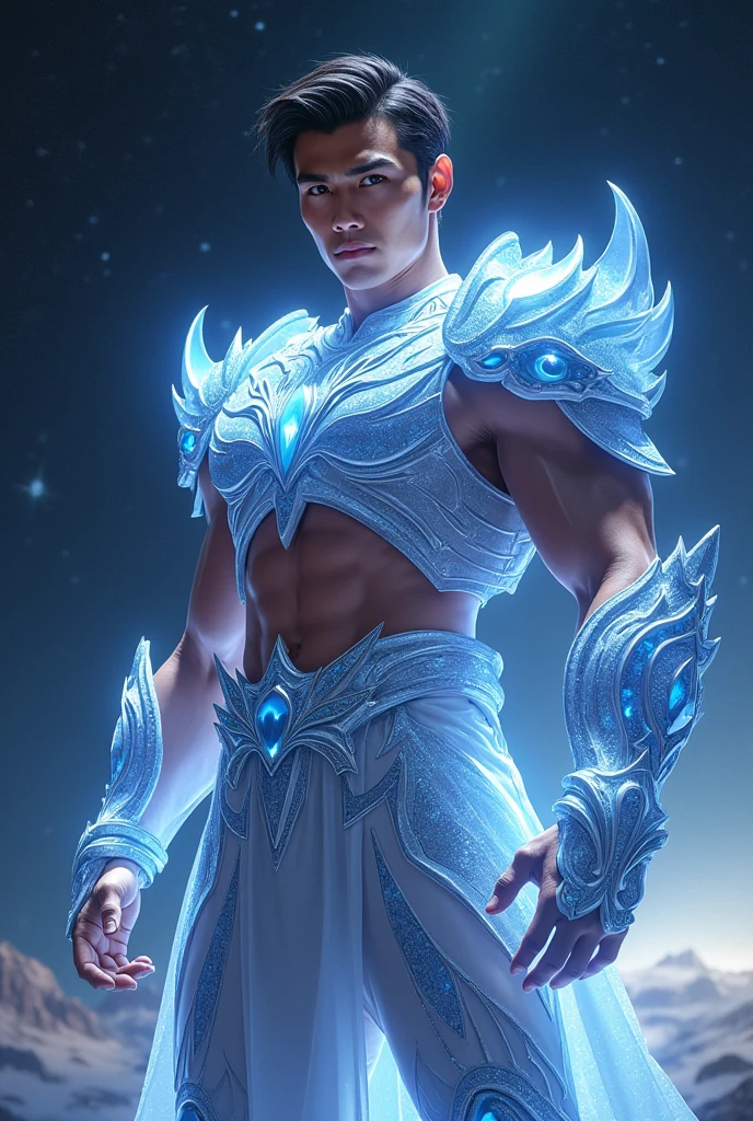 A handsome, muscular Asian man with defined abs, wearing protective armor similar to Saint Seiya but made of crystal, standing in space."
This can be used to describe a character with a strong and heroic appearance, set against the backdrop of space with a focus on his crystal armor.