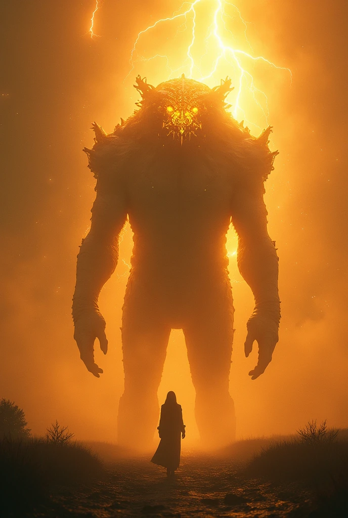 Cosmic creature lighten in bright yellow light looking at front camera from distance, shot in dawn, sunlight from behind, shot in IMAX camera, Cinematic Colors
