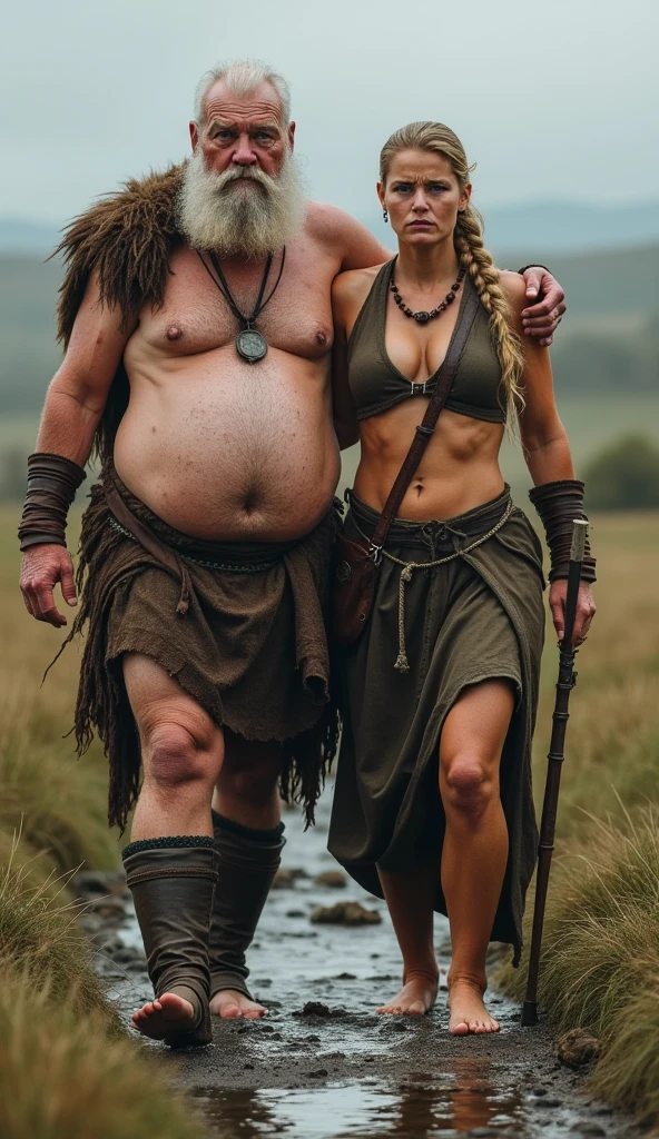 Full body picture of two women walk barefoot: two women (excellent clarity). One woman barefoot is a chubby 80-year-old Viking, 1.90 meters tall, with fair skin, very large sagging breasts, and a muscular, toned body. Her face, marked by fatigue from a long journey, is strikingly beautiful, with large green eyes and slightly cracked lips, staring directly at the camera with intensity. Her thick, red hair is styled in a single braid down her back. She appears dirty, covered in mud, with visible scrapes and bruises. She only wears a few tightly bound leather harness straps, pressing into her skin, along with Viking accessories. She has her arm over the shoulder of the smaller, her, a 30-year-old barefoot Viking woman expression of shame, also with fair skin, slender yet muscular, walks barefoot. Her long, blonde hair is styled in a neat braid, and her skin shows signs of days without bathing, with similar scrapes and bruises scattered across her body. She also wears a few tightly bound leather harness straps, pressing into her skin, and Viking accessories. Her beautiful face, with large green eyes and full lips, gazes at the camera with a look of expression of shame.