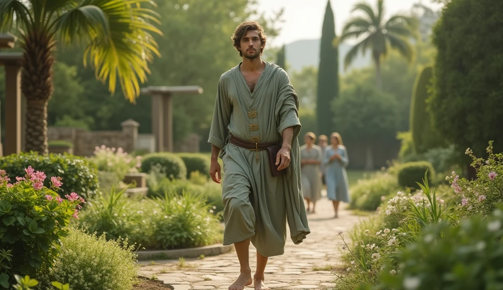 The Philosopher: A young, attractive Stoic philosopher with a serene yet determined expression. He is dressed in a soft-toned tunic—gray or olive green—with subtle golden details, gently draped over his body, leaving one shoulder exposed. His demeanor reflects seriousness and a commitment to protecting his personal space.
• Scenario: The philosopher stands in a serene, well-kept garden, symbolizing mental clarity and inner peace. The garden is now in perfect harmony, featuring distinct areas for various types of plants, each representing different aspects of a balanced life. The environment is lush and vibrant, reflecting the balance and authenticity the philosopher has achieved after removing negativity and fostering positivity.
• Action: The philosopher walks calmly through the garden, symbolizing his pursuit of balance and authenticity. Inspiring figures are present, walking alongside him as equals, emphasizing the harmonious connections he has cultivated.
• Message: This image concludes the sequence, illustrating how the philosopher, after eliminating the negative and nurturing the positive, continues to seek a balanced and authentic life.