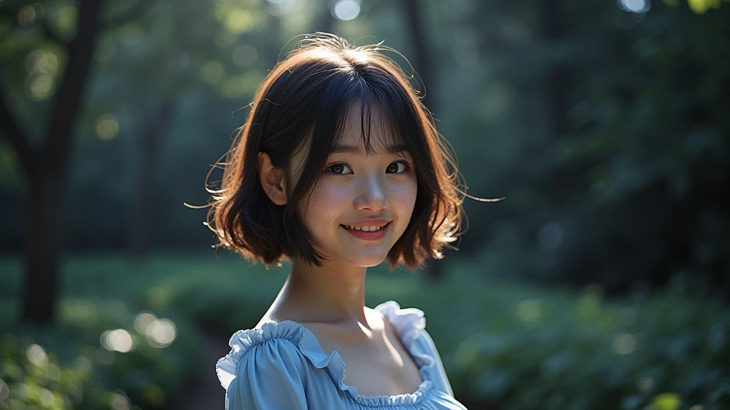 (8k, highest quality, masterpiece: 1.2), ultra detail, highest quality, ultra high resolution, professional lighting, photon mapping, radiosity, physically based rendering, cinematic lighting, depth of field, focusing, sun rays, good composition, (bokeh: 1.2), 1 girl, (full body), smile, beautiful eyes, pose, constriction, brown hair, short hair, prairie blouse light blue, skirt,park,hand {fingers} Kawaii {finger} hand,
