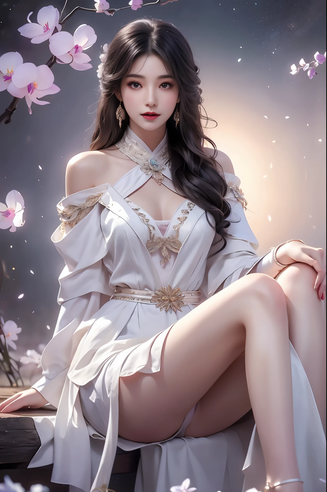 Yunxi（quality improvement：1.4），1girl, Full breasts，Visible cleavage，Sexy long legs，The skirt is short，She gently lifted her skirt with one hand,Surrounded by white Phalaenopsis orchids，Lilac dendrobium、White Lily, Flying petals，（Top quality leather), Delicate face,Black Hair, Gradient hair, Body,（Body1.1）, He has a precious gem on his forehead., Shining Student，Long eyelashes,Smile, Surrealism, Movie Lighting, Projection Insertion, Surrealism, Ultra HD, masterpiece，lie，Keep dreaming，Open your legs slightly.，Tattoo，Fantasy Space，Luxurious space，Exquisite makeup，Blush，Shy expression