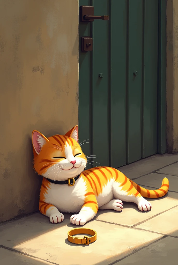 Whiskers is back in the familiar alley, lying comfortably in his favorite sunny spot. The golden collar is now lying on the ground beside him, looking ordinary. Whiskers is content and relaxed, basking in the warmth of the sun.