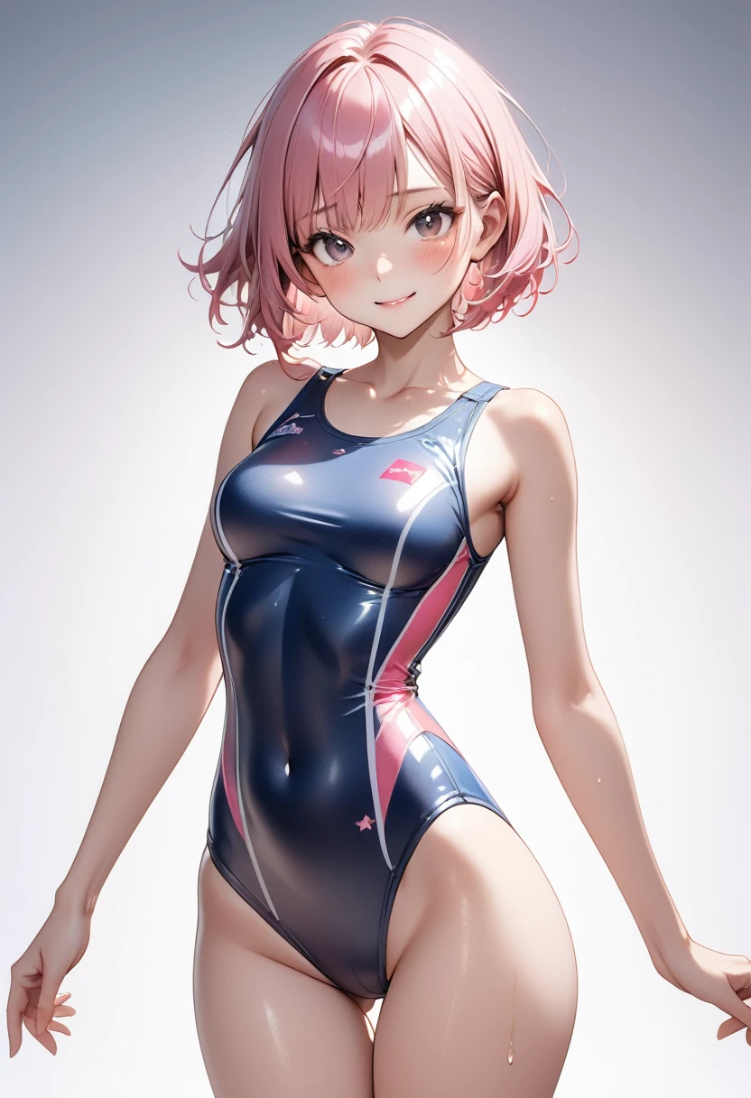 ((School Swimsuit)), skindentation, skinny, alone, solo, 1 woman, Masterpiece, highest quality, highest quality, 16K, incredibly absurd, highly detailed, 2.5D, ai-generated, delicate and dynamic, very delicate facial expressions, delicate eye depiction, erotic, only sexy woman, ((A cute and kind face)), healthy figure, ((1 woman)), 160cm tall, ((medium firm swaying bust)), medium breasts, (short hair), (pink hair:1.5), bob cut, black eye, blush, Sweat,Embarrassed,sexy, ((thin thighs)), (camel toe:0.7), (visible nipples:0.5), (Erect nipples,:0.7), shiny and lustrous, facing straight at viewer, smile, ((Oily_skin)), dark skin, ((standing)), ((arm at side)), ((Transparent and sparkling costume)),