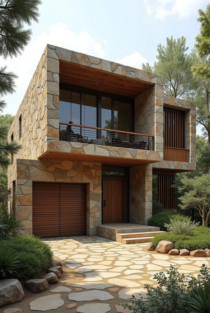 I want an image of a house that is divided into three lateral parts. I don't want it to add any inconvenience, I just want the walls to be larger. The house is divided by the side, by the side where there is a gap where there is a door to enter the house. In the middle there is a window and on the other side there is a garage. I want a house with stones, details of stones, trees, plants, wood, for example, slats, etc., I don't want the second floor, and the house is divided into three parts, sides and in the middle a window a little further forward