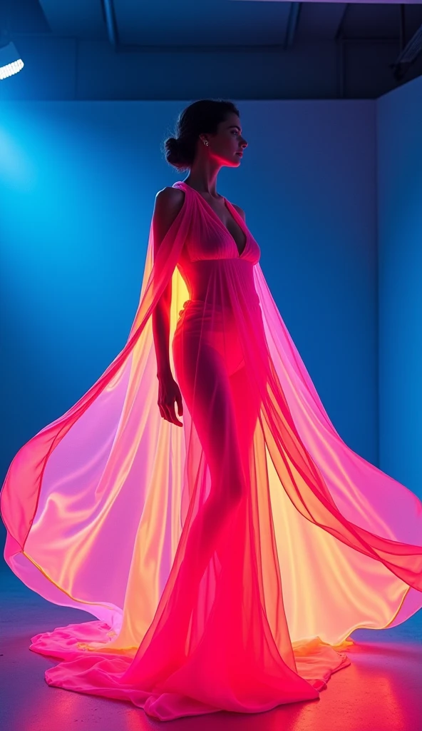 Neon Silk Cape”: A woman draped in a long, flowing cape made of neon silk that emits a vibrant glow. The silk fabric ripples and shimmers as she moves, creating waves of color that change from pink to orange to blue. The cape is paired with minimalistic clothing, allowing its glowing beauty to be the focal point. [Fashion photography, inspired by fluidity and vibrant colors], [Bright, neon lighting, focus on the cape and its movement, energetic and bold atmosphere].