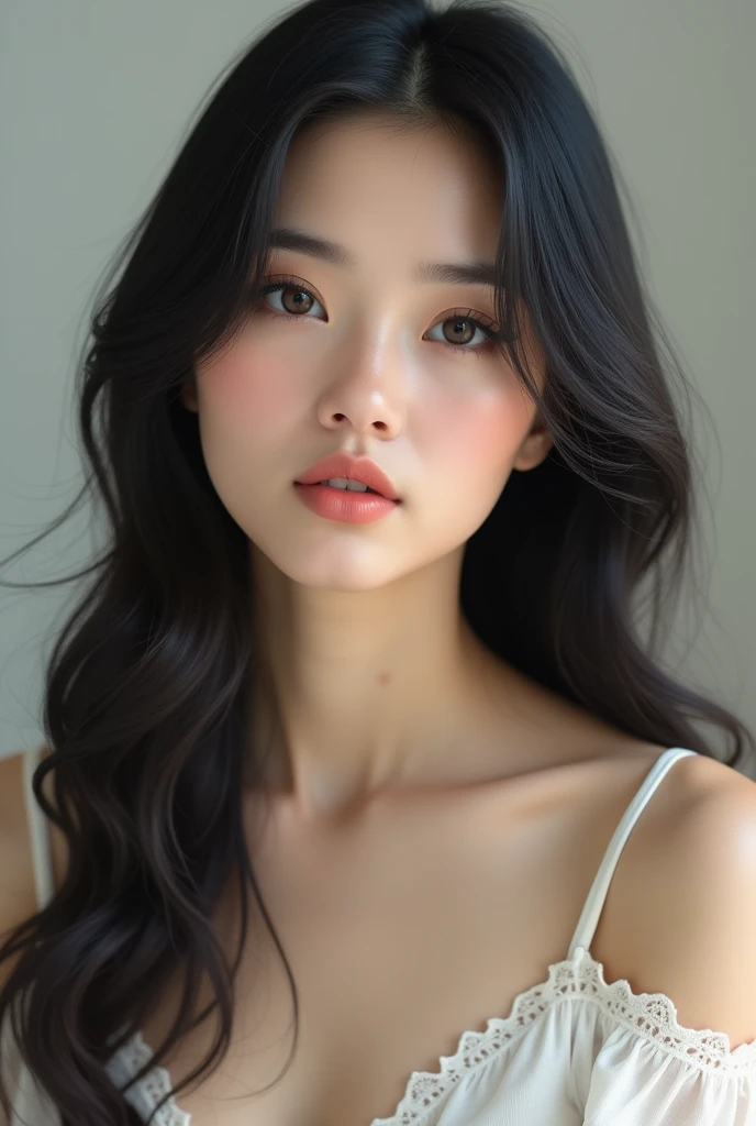 Skin tone: Very fair
Face shape: Oval with high cheekbones
Eyebrows: Symmetrical, fairly thick
Eyes: Dark, elongated, not too large
Nose: Rounded, slightly upturned
Lips: Upper lip finer than the lower lip
Hair: Long, dark, wavy, heavily layered; front strands reach mid-jaw
Caucasian
1,64m per 60kg
More oval face shape