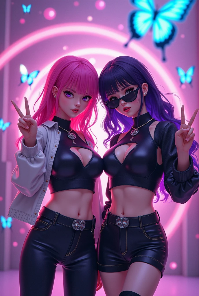 girl hair pink LARGE with black, eyes pink, face seriues with sunglasses cool and friend girl hair black with purple, face seriues with sunglasses pose peace love, butterflies purples particles little , anime HD , oufit futurista, crop top black , match icon, atmosphere 80s
