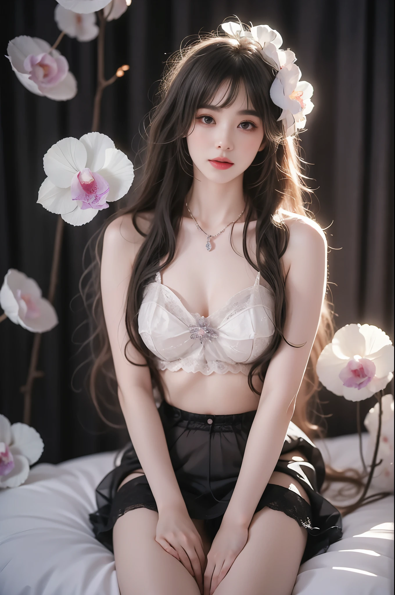 ruanyi（quality improvement：1.4），1girl, Full breasts，Visible cleavage，Sexy long legs，The skirt is short，She gently lifted her skirt with one hand,Surrounded by white Phalaenopsis orchids，Lilac dendrobium、White Lily, Flying petals，（Top quality leather), Delicate face,Black Hair, Gradient hair, Body,（Body1.1）, He has a precious gem on his forehead., Shining Student，Long eyelashes,Smile, Surrealism, Movie Lighting, Projection Insertion, Surrealism, Ultra HD, masterpiece，lie，Keep dreaming，Open your legs slightly.，Tattoo，Fantasy Space，Luxurious space，Exquisite makeup，Blush，Shy expression