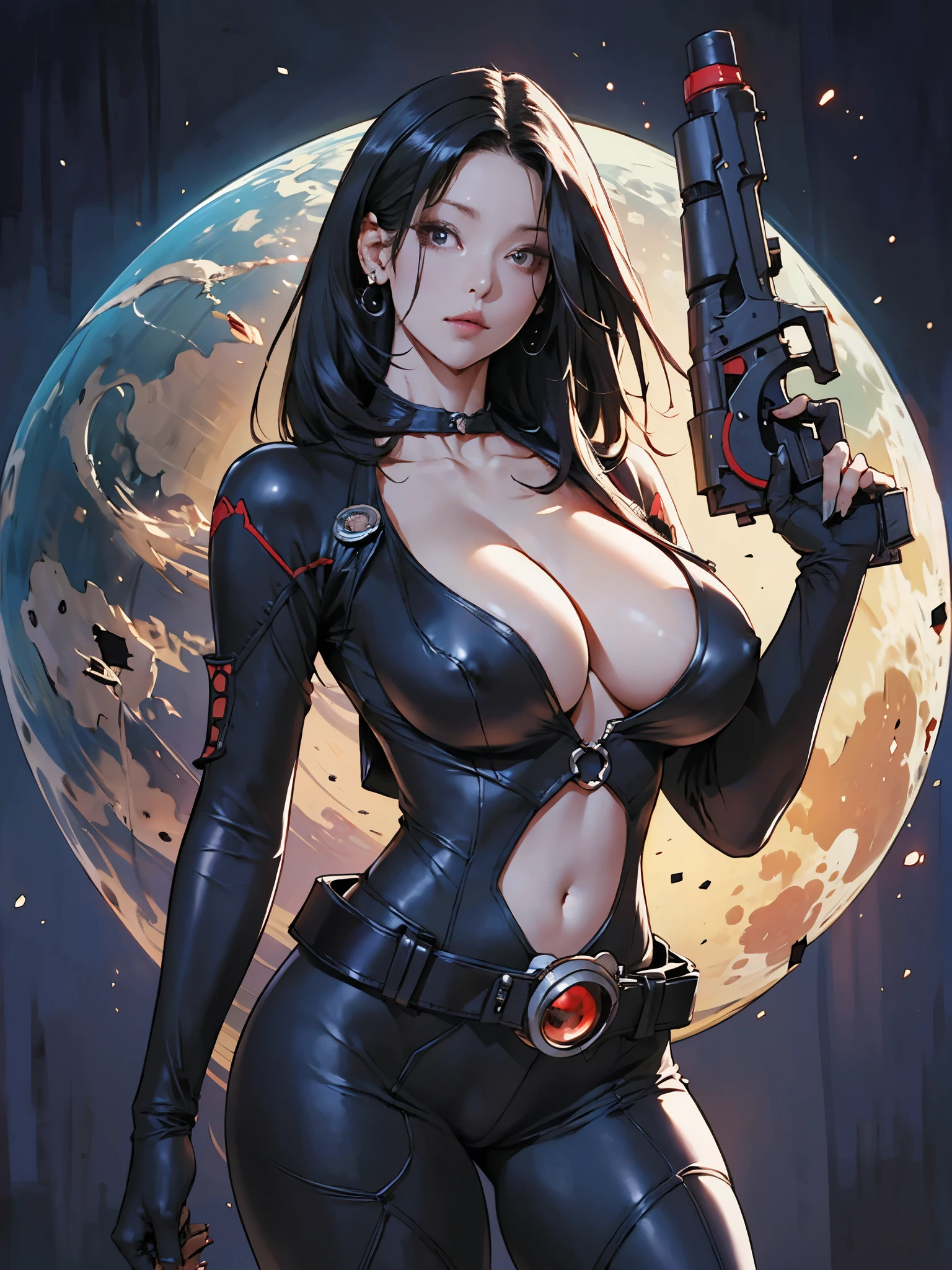 girl, standing, holding a railgun, (fully open:1.2) skin tight bodysuit, spacesuit, sleek mechanical design, clavicles, (sternum, cleavage, navel, gigantic breasts:1.2), electronic belt, detailed face, looking at viewer, headset, planet with ring belt, cosmos, nebulae, dark gothic aesthetic, dramatic gradation lighting, imposing stnace, long black hair, swirling light, intense red, extremely detailed, jewel facets,