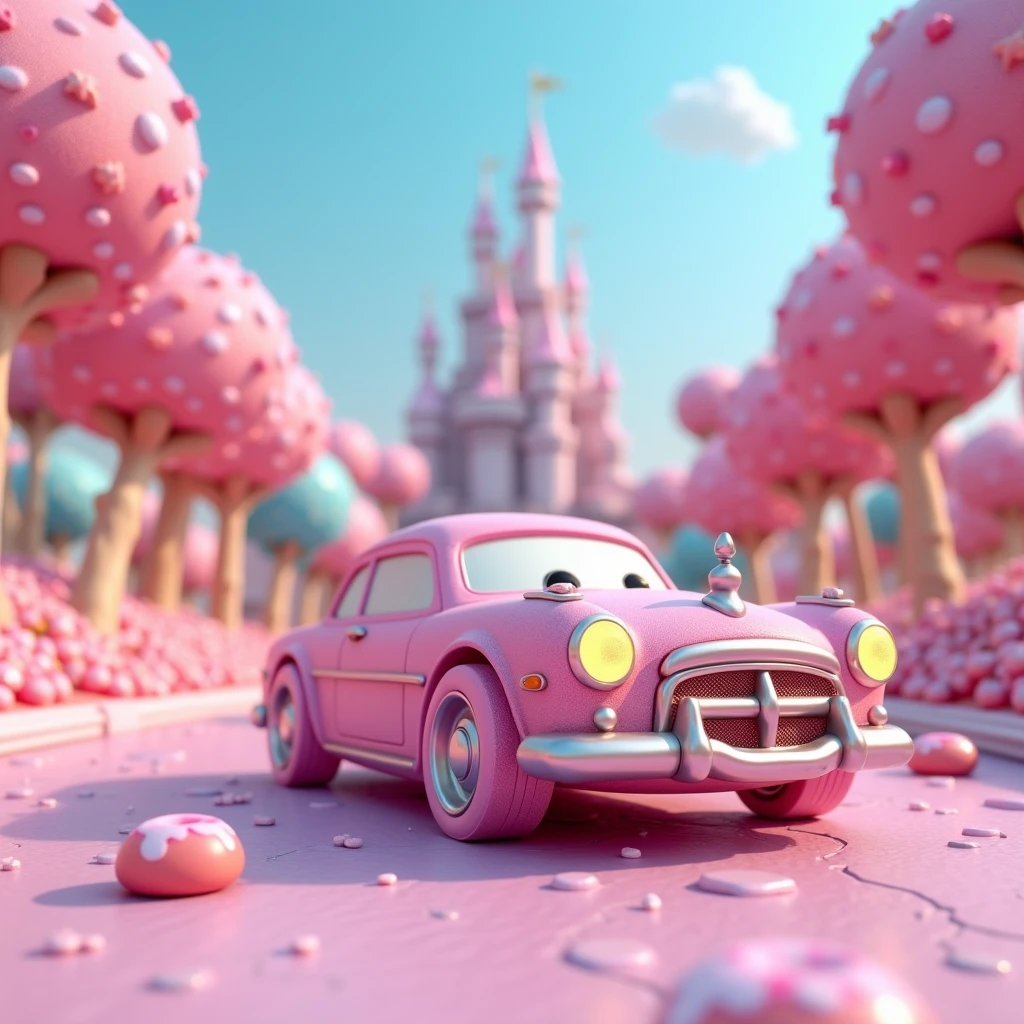 A car driving on the road of the candy Kingdom, vehicle close-up, oblique side view, candy, tree lollipops, only in the form of doughnuts, candy colorful, surreal, castle in the distance, picture in pink and blue, 3D