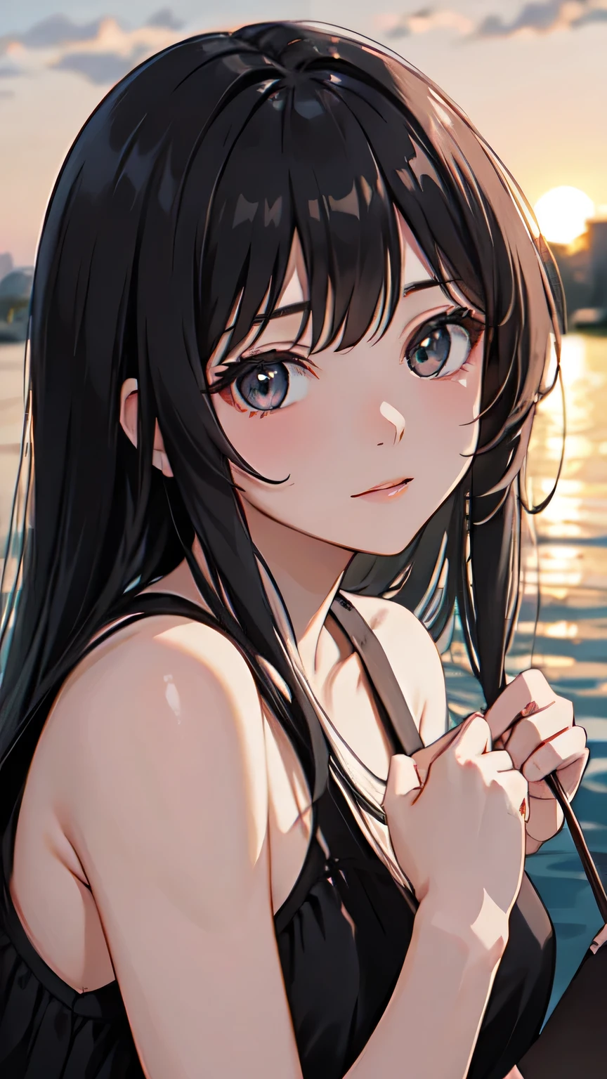 ((Highest quality)), ((masterpiece)), (detailed), One beautiful girl,Almond Eye,The magic of 6:30 p.m.,Just you and me,The moment before the sun goes down,This moment forever,Magic hour, just us two,Before the sun sets, me and you,Close up of face