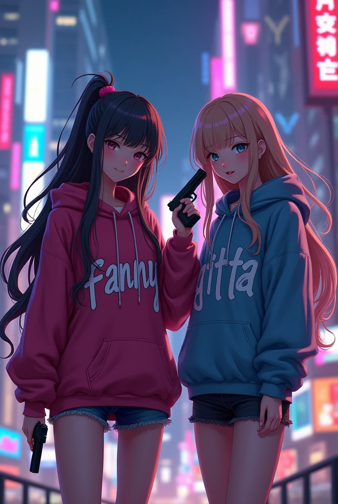 Create two character anime {{background: capital text:“GLBK”, night city}},
tanned skin, realistic, HDR, beautiful, japan style, full body, use piastol, age 20, character hoodie HD text 1: “fanny”, character hoodie HD text 2: “gitta”, female, long hair