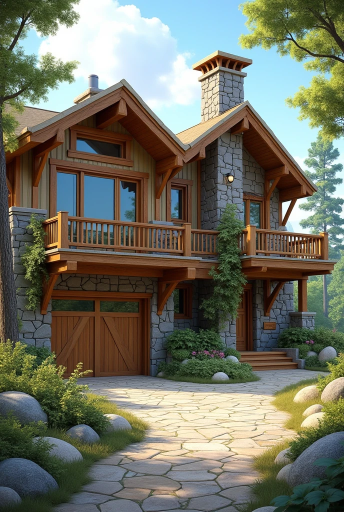 I want an image of a house that is divided into three lateral parts. I don't want it to add any inconvenience, I just want the walls to be larger. The house is divided by the side, by the side where there is a gap where there is a door to enter the house. In the middle there is a window and on the other side there is a garage. I want a house with stones, details of stones, trees, plants, wood, for example, slats, etc., I don't want the second floor, and the house is divided into three parts, sides and in the middle a window a little further forward , I don't want the second floor