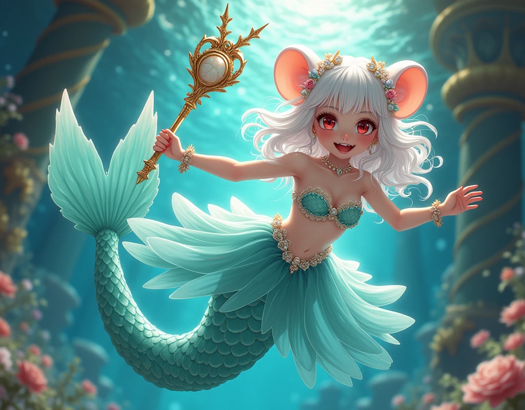 (best quality,4k,8k,highres,masterpiece:1.2),ultra-detailed, drawn in 2D anime style, Pretty albino girl magically transformed into a beautiful mermaid princess, the princess of the sea, race swap, fantastic transformation, sharp teeth, beautifully detailed lips with lipstick, she’s smiling, steampunk, fishlike, wet body, very long curly white hair adorned with hair accessories, red eyes with long eyelashes, white fur, slim body, red manicured nails, whiskers, mouse ears with pearls earrings hanging from them, long mermaid tail below waistline with shimmering cyan fish scales, pelvic and dorsal fins, a pair of fish gills on her torso, highly detailed seashell bra with intricate patterns, pearl and gold bracelets, pearl necklace, tiara made of seashells, cute turquoise princess dress, iridescent colours, physically-based rendering,gorgeous frilly dress design,flowing gown,elaborate lace details,rich textures,contrast stitching,delicate ribbon bows,fish scale accents, translucent skirt,fitted waistline,lace-up back,luxurious fabrics,flawless silhouette, joyful expression, sparkling water, water reflections, ethereal atmosphere, subtle glow, whimsical and enchanting, gracefully swimming in a hallway, she is holding a magic staff made of seashells and pearls, underwater castle interior, intricately decorated room, magical underwater lighting, vivid colors, breathing underwater, endless ocean depths, light filtering through the water.