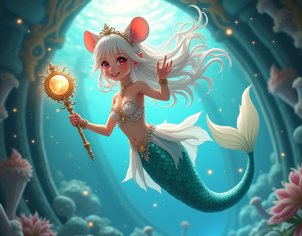 (best quality,4k,8k,highres,masterpiece:1.2),ultra-detailed, drawn in 2D anime style, Pretty albino girl magically transformed into a beautiful mermaid princess, the princess of the sea, race swap, fantastic transformation, sharp teeth, beautifully detailed lips with lipstick, she’s smiling, steampunk, fishlike, wet body, very long curly white hair adorned with hair accessories, red eyes with long eyelashes, white fur, slim body, red manicured nails, whiskers, mouse ears with pearls earrings hanging from them, long mermaid tail below waistline with shimmering cyan fish scales, pelvic and dorsal fins, a pair of fish gills on her torso, highly detailed seashell bra with intricate patterns, pearl and gold bracelets, pearl necklace, tiara made of seashells, cute turquoise princess dress, iridescent colours, physically-based rendering,gorgeous frilly dress design,flowing gown,elaborate lace details,rich textures,contrast stitching,delicate ribbon bows,fish scale accents, translucent skirt,fitted waistline,lace-up back,luxurious fabrics,flawless silhouette, joyful expression, sparkling water, water reflections, ethereal atmosphere, subtle glow, whimsical and enchanting, gracefully swimming in a hallway, she is holding a magic staff made of seashells and pearls, underwater castle interior, intricately decorated room, magical underwater lighting, vivid colors, breathing underwater, endless ocean depths, light filtering through the water.