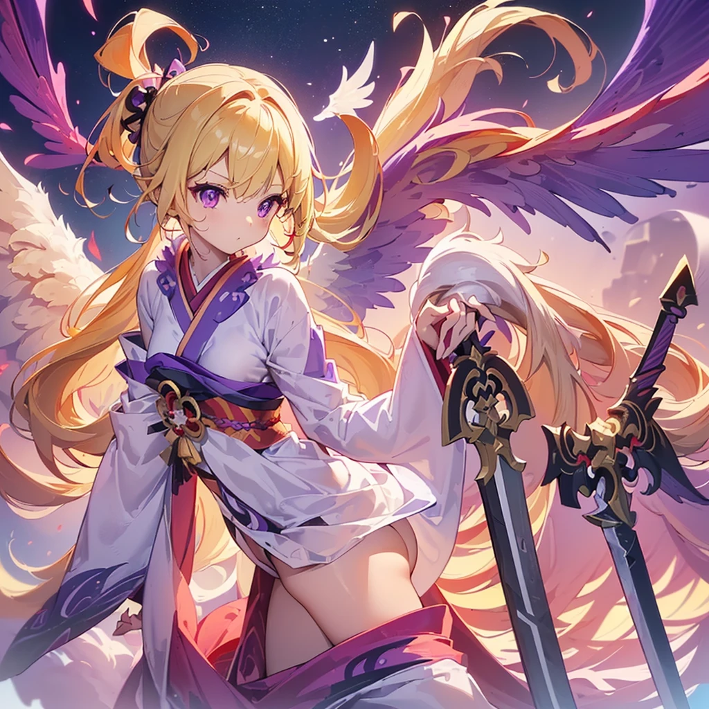 (((Best Quality)) (((One Person))) (anatomically correct) (long side ponytail 1.4),facing this way, angel,((small breast))(young)((big wings))kimono of the god of Japan1.8,long blonde 2.0((holding the legendary red two-handed big sword))((purple eyes)) universe 1.8, galaxy in the background