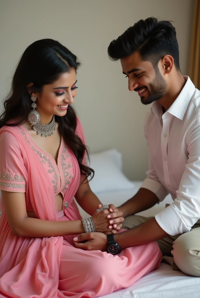 realistic indian 1 girl wearing a pink lehenga sitting in front of a mirror in a bedroom, a real 20 year old boy is standing and putting a silver anklet aroundthe girt’s foot, the boy is wearing a white shirt, both are smiling in And stylish hair, a watchin the boy’s hand, the wall behind Original Image, Girt’s head is tited down DSLRimace 4K