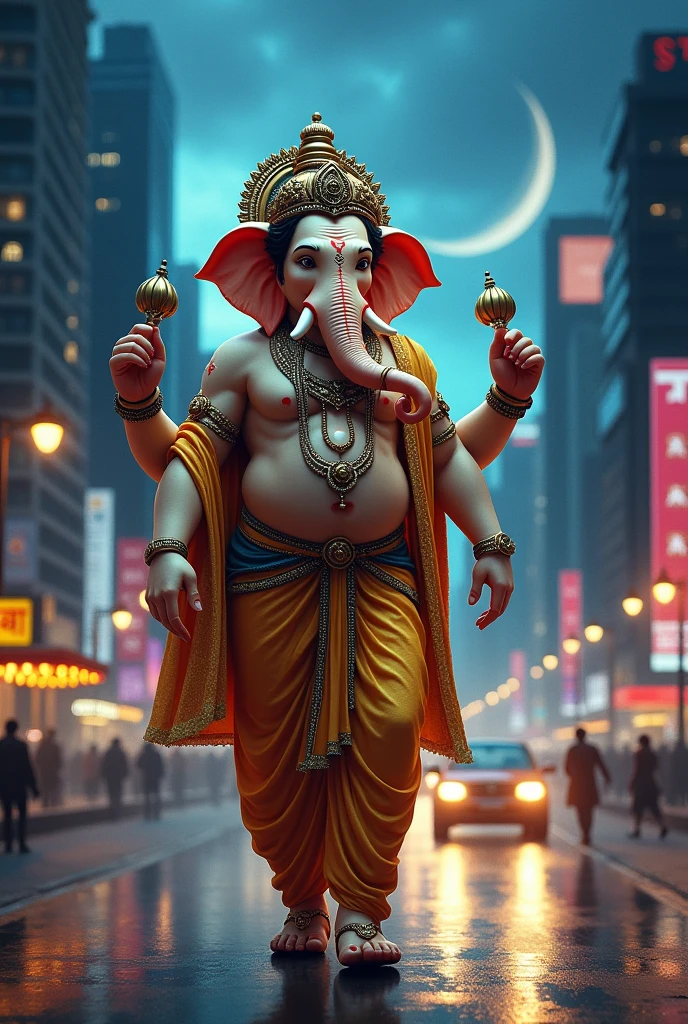 lord Ganesh walking in night in city add IRAKALGADA raja text