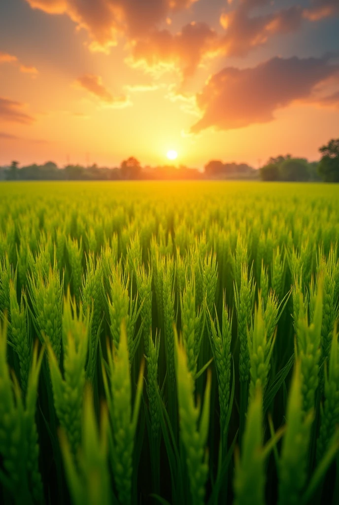 Wallpaper Big Rice farm in Asia close up to rice come with background sunset
