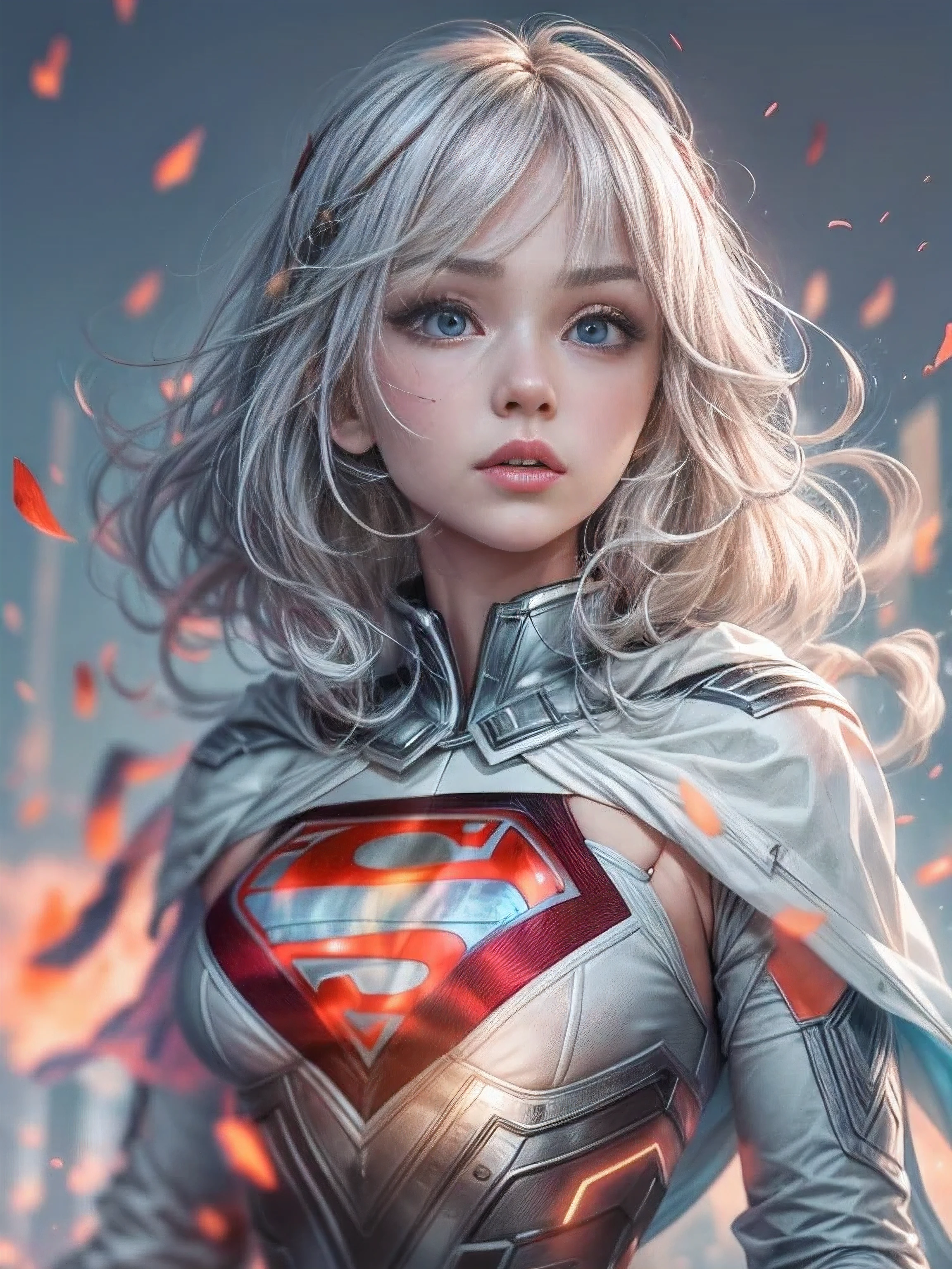 ((2The bullets are approaching))8k.Half Russian and half Japanese、Russian face、beautiful girl、PRİNCESS、、Small face、Young face、Big eyes、Skinny、Small breasts、(((Silver Hair、Silver Hair)))、With bangs、(((High resolution big beautiful light blue eyes, )))、Shortcuts、Bobcut、((2The bullets are approaching))、Supergirl from the planet Krypton((Superman's Suit))、whole body、Supergirl,,sf,Fantasy、((2The bullets are approaching))