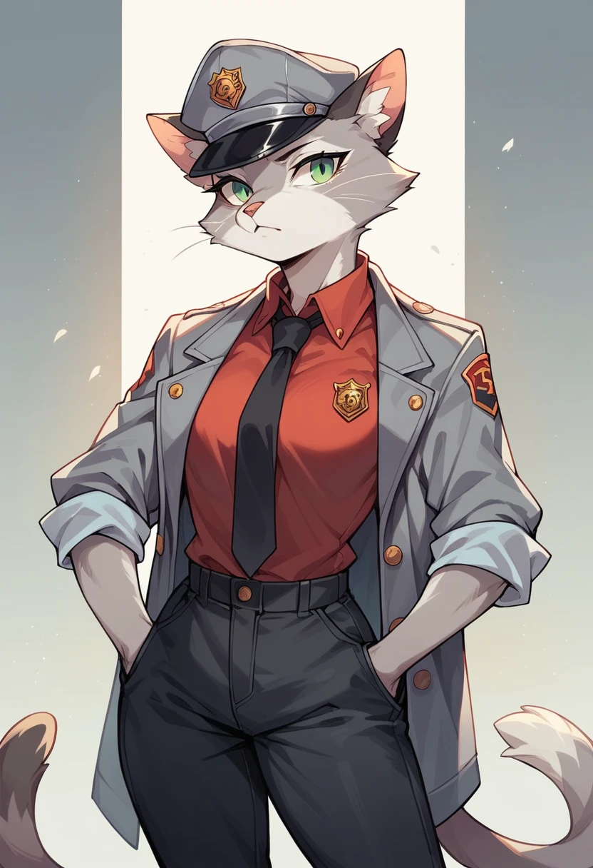 Solo female,furry,Cat, security Light pale green eyes, security , gray general hat with the museum of arms on it, gray tuxedo jacket with sleeves rolled up, Red shirt, black tie, black trousers