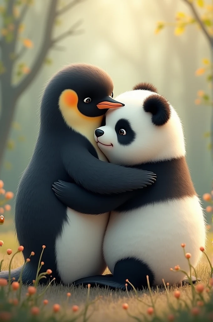 Penguin hugging panda from behind