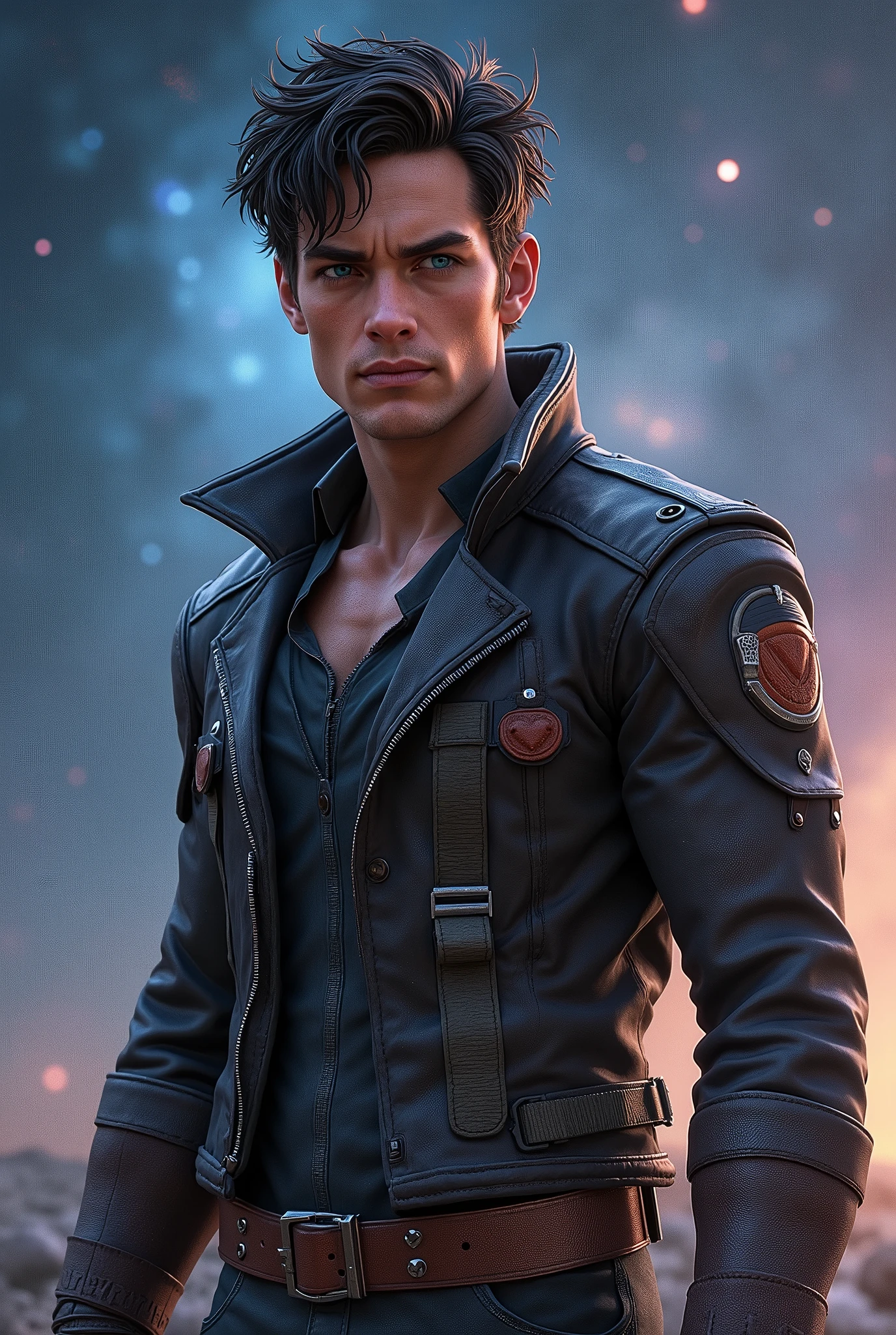 Peter Quill, star lord, blue eyes and black hair, dress like the ravagers from guardians of the galaxy, age 20 years
