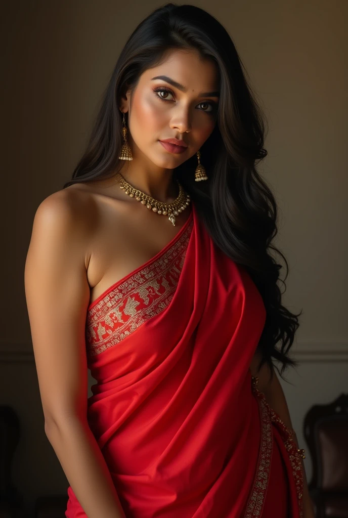 Indian sexy married lady with big boobs wearing red hot saree