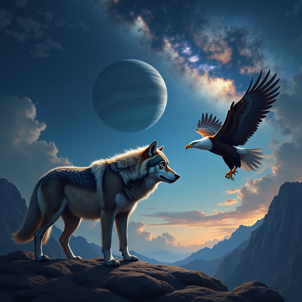 Wolf and Eagle under the milky way and have a Giant Planet Mercury at sky