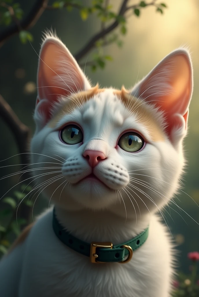 A close-up of Whiskers, with a peaceful expression on his face, glancing at the collar. The background could subtly fade into soft images of the magical places he visited, as if he is remembering them.