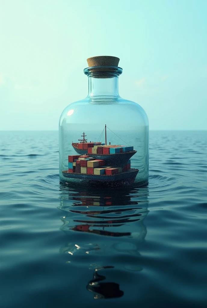 (photorealism:1.2), dozens of small container ships are trapped inside a transparent bottle. the bottle floats in the middle of the ocean. recumbent bottle. soft lighting, blue dominates. perspective from top to bottom.