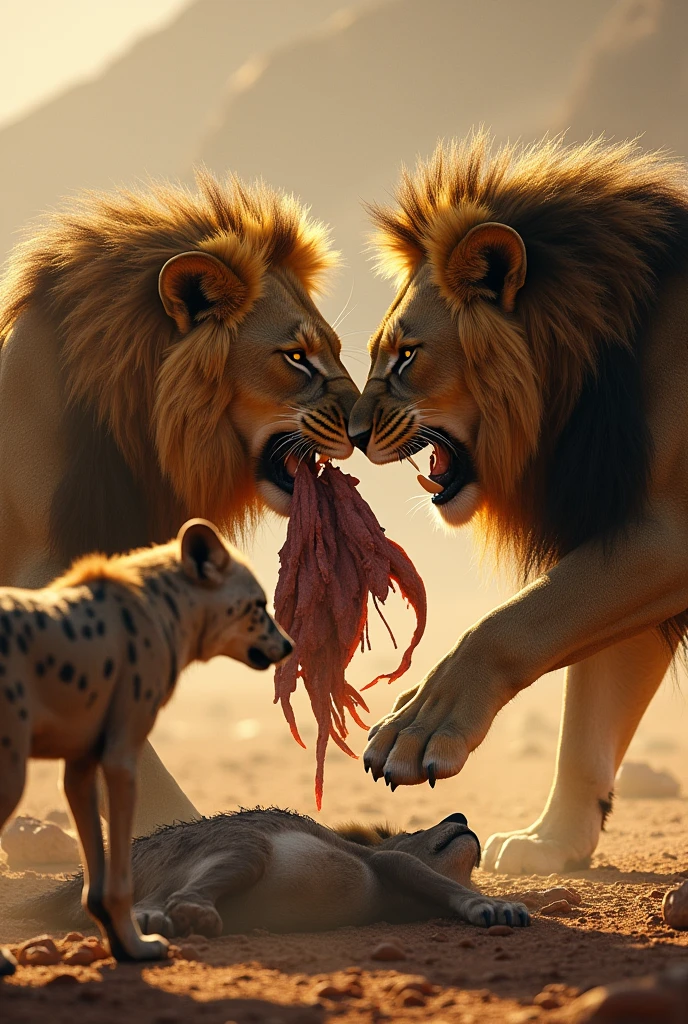 Two lions biting each other but a hyna eating a deer the lions hunted