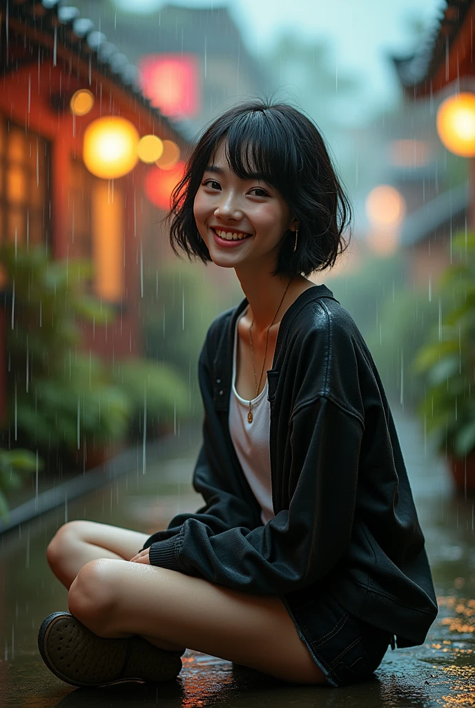 one person、High resolution、smile、High resolution、masterpiece、Anatomically correct、Person Portrait、Background blur、Super Real Photo、High resolution、Dramatic image、Harajuku casual fashion、dynamic、The perspective of the shot is quite far away、Capture the whole subject。Capture the whole subject、Beautiful decoration、Sitting、
background:Scenery after rain