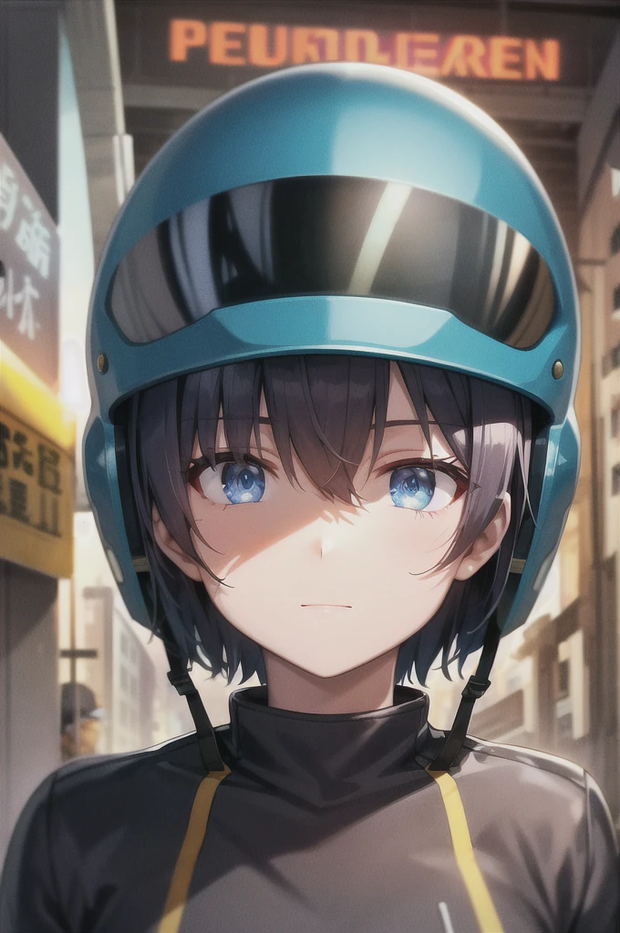 Characters、Wearing a worn-out combat suit and helmet with goggles。The helmet had radiation warning symbols and scratches.、Traces of battle are visible。Her hair was short and blue.、The background features collapsed buildings and broken neon signs.。The character&#39;s expression is brave.、It expresses the strong will to survive even in ruins.。


