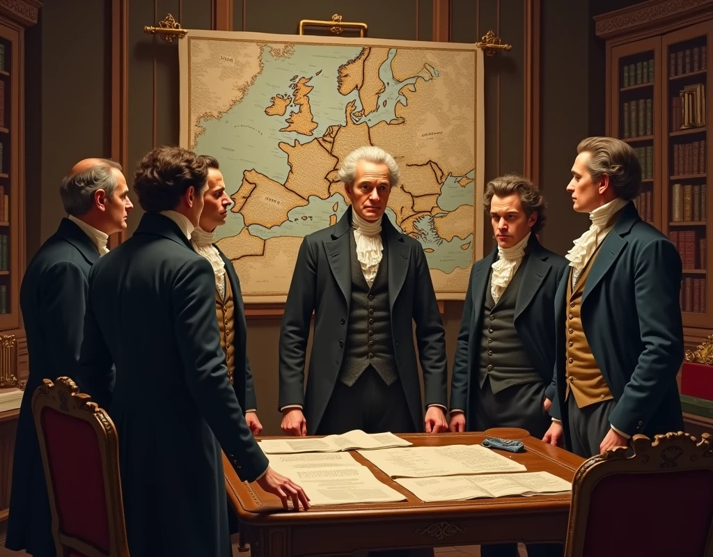 A detailed and historical scene set in the early 19th century, showing Mayer Amschel Rothschild gathered with his five sons in a richly furnished study. Mayer, dressed in a dark coat and white cravat, stands at the center, holding a large map of Europe with the cities of London, Paris, Vienna, Naples, and Frankfurt clearly marked. His sons, each in period-appropriate attire, listen intently as he points to the map, symbolizing their upcoming roles in establishing banks in these major European cities. The room is filled with elements like bookshelves, financial ledgers, and a large table covered with documents. The lighting is warm, emphasizing the importance of this momentous strategy