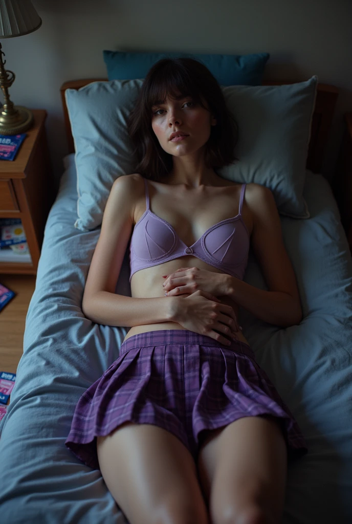 wide angle, high angle, photo taken with an iPhone 6, , brunette bob cut hairstyle, teenale toned, Laying on her bed legs open, shaved vagina, Drunk, wearing a tiny transparent light purple bra, no panties, exposing her vagina, very short tiny purple tartan pleated mini-skirt, late at night in a dormroom, lots of condom packs on the floor, drunk, (camera flash illuminates the foreground), very, focused, flash, photo, flashlight, full-body shot