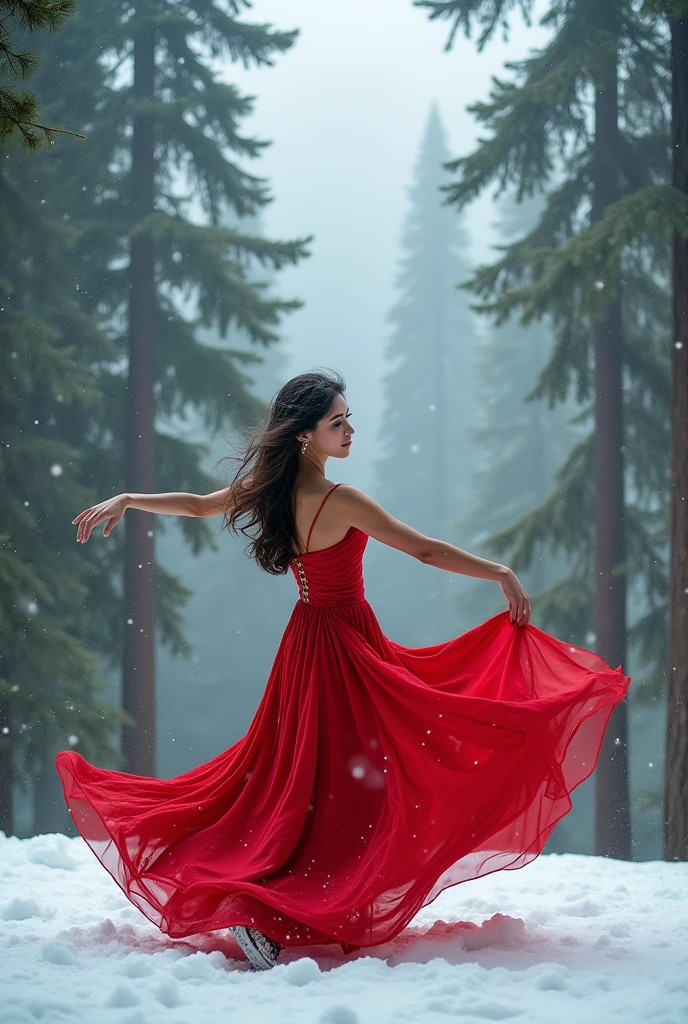 Photoshot of a beautiful woman wearing a red dress dancing at the top of the hill and covered with snow in the middle of the stage and many large trees with the name of Wonosobo