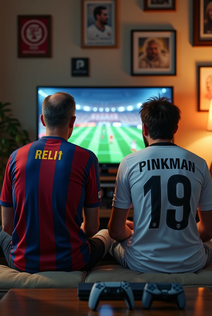 WALTER WHITE wears BARCELONA kit and JESSE PINKMAN wears REAL MADRID kit and they are playing PS5