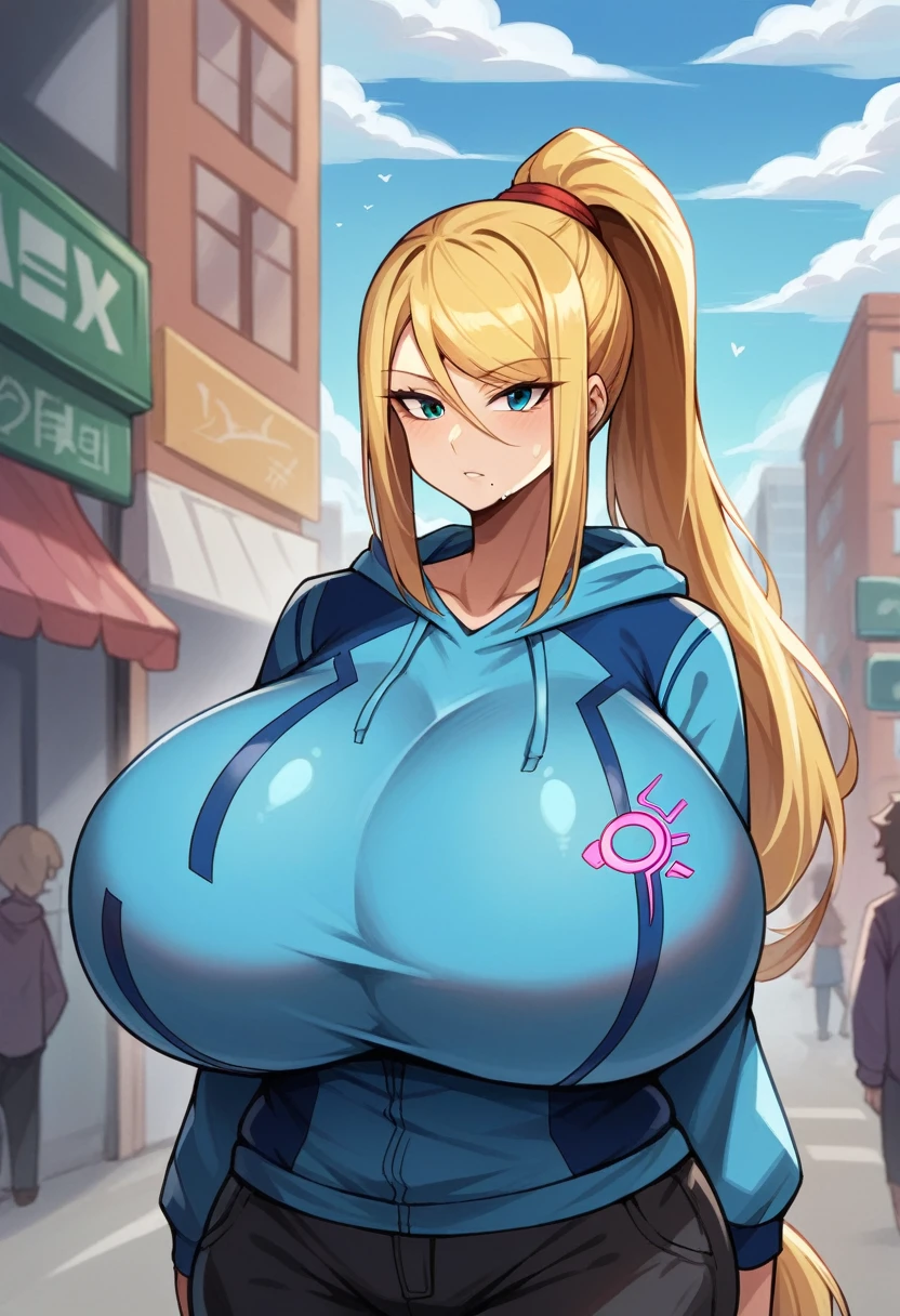 masterpiece, best quality, Samus Aran, pony tail, scrunchie, blue hoodie , black joggers, upper body,gigantic big breasts L, gigantic wide breasts,large long neckline, gigantic wide breasts passen nicht mehr durch normale Tür, ,Viewers look at, City background