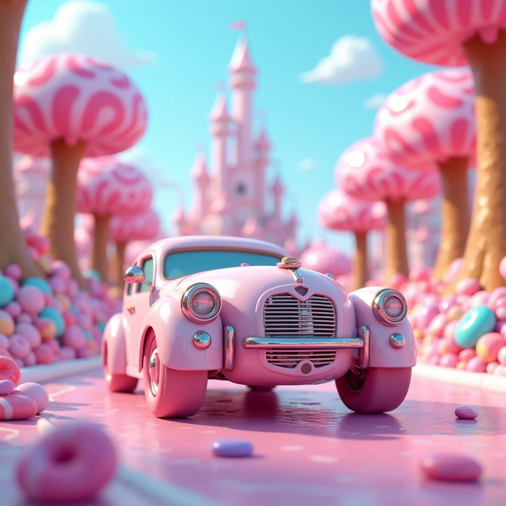 A car driving on the road of the candy Kingdom, vehicle close-up, oblique side view, candy, tree lollipops, only in the form of doughnuts, candy colorful, surreal, castle in the distance, picture in pink and blue, 3D