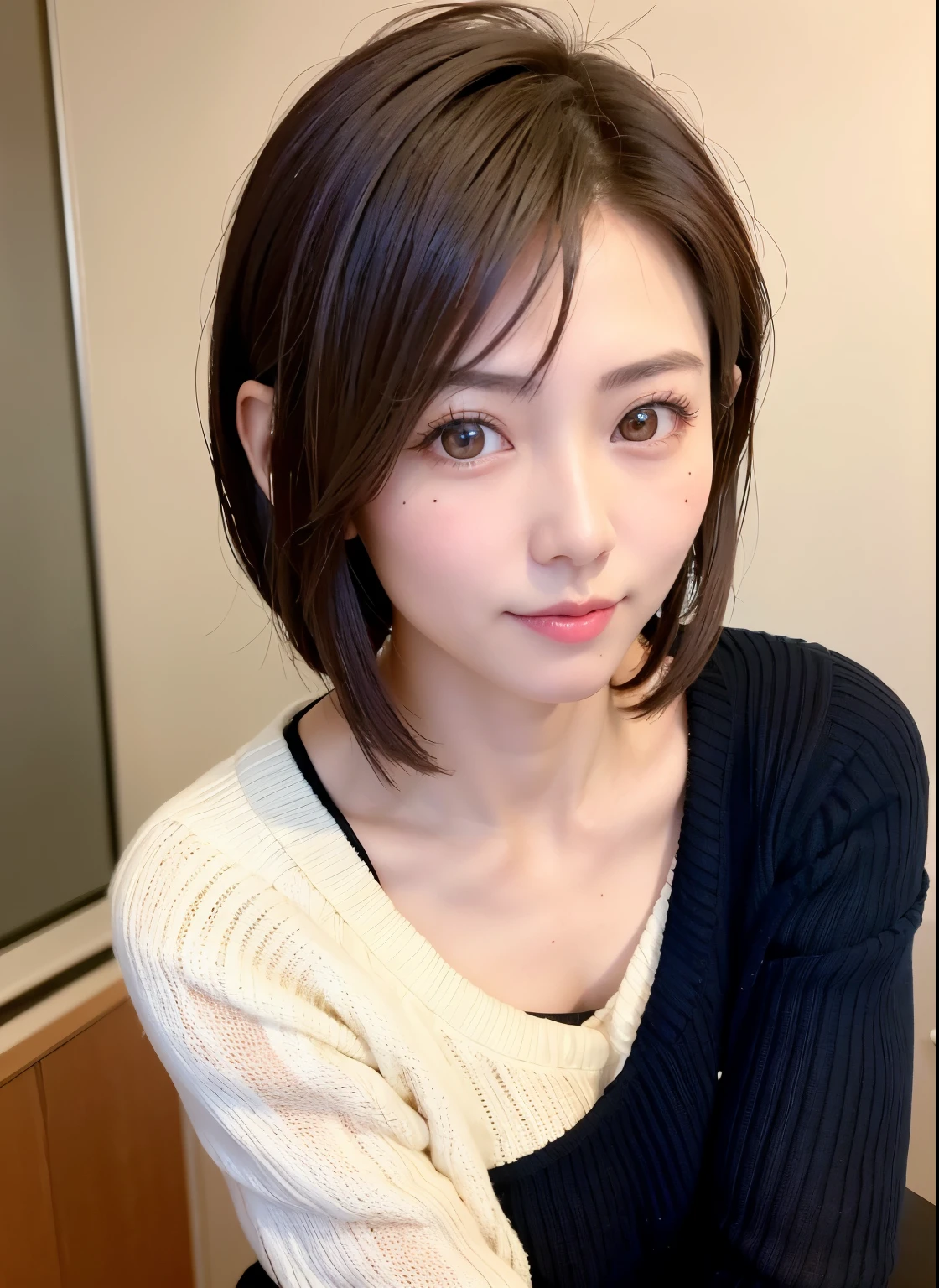 short hairと白のSummer knitwear, Summer knitwear, short hair, 前髪ありのshort hair, Cute face girl, Cute little face in a portrait, French Bob, White skin!!, Soft Portrait Shot 8k, Beautiful bright eyes, Beautiful girl, Young girl with bob cut, Best image quality, Tabletop