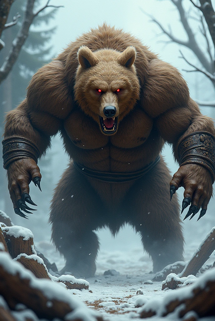urso viking, with bright red eyes, open claws , hairs standing on end and muscles tense, attacking.