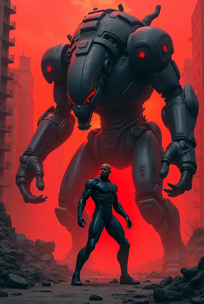 A bald African American man with a futuristic visor, sleek metallic armor, and glowing neon accents, reminiscent of Mike Mignola's style, engaged in combat with a colossal mechanical beast in a post-apocalyptic cityscape. The scene is bathed in bold red &black tones, highlighting the man's determined expression and the stark contrast between the desolate wasteland surroundings and the high-tech battle.