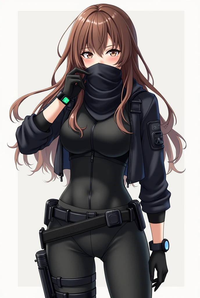 1girl, anime picture, best quality, ultra-detailed, high resolution, extremely detailed cg, unity 8k wallpaper, masterpiece, perfect body, earrings, 2d girl, (fullbody), standing, anime girl, wears, black towel covering over the nose and mouth, (brown long hair), wears, ( full black jacket, black gloves, smart watch), (black leggings, pistol pouch, black boots), small breasts, serious face, brown eyes,