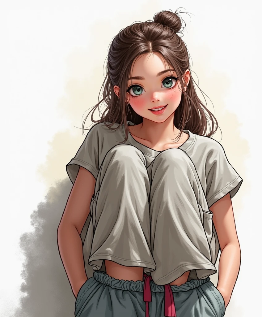 one girl, stand up, happy, Cotton Pajamas Pants, t shirt, single bun hair maquiagem, Lips are soft or colored, fundo simples, sexy, erotic, stand up, postura ereta, simple lighting and texture, begie background, feet,
