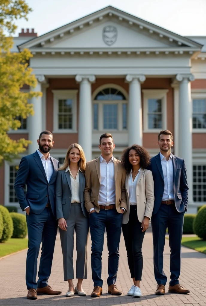 Create an image of A group of entrepreneurs standing proudly in front of a school, representing leadership and empowerment in education.