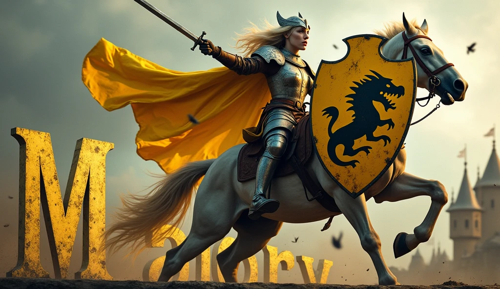 A action movie poster depicting a proud woman riding a running horse, brandishing a sabre, and carrying a ((large yellow and black shield with black dragon painted)), damaged by fighting. (medieval battered light armour & helmet, very battle-damaged, yellow and black coat of arms), steel gloves. She has white pale skin and really long blond hair. She's angry, shounting, on a lift bridge (with the words "Malory" written in large golden letters in the foreground).